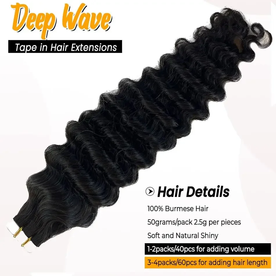 Extension a nastro con onde profonde 100% capelli umani Extension a nastro con onde profonde Extension a nastro con onde profonde Extension a trama di pelle per capelli naturali Remy_voghion.com