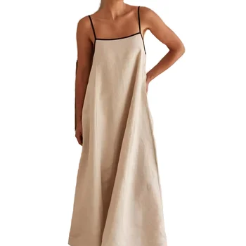 Spring Summer Collection New Fashion Contrast  Wind Sling  Collarless Ruffles Solid Floor-Length