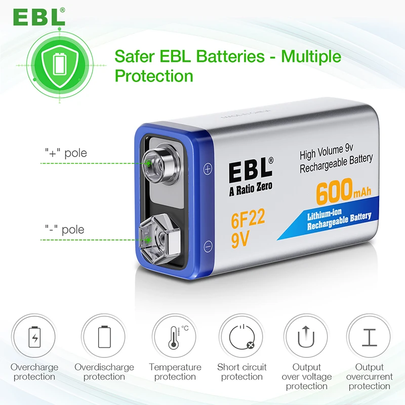 EBL 9v Rechargeable Battery Pack Lithium Ion Batteries 600mAh Lithium Battery Cell for Smoke Alarms