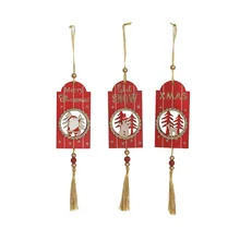 Wooden Christmas Hanging Ornament, 3 ass., Red Flocking w/gold Glitters and Gold Rope