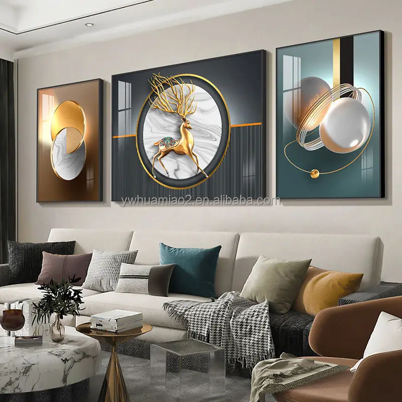 ソファ装飾 抽象画 3点セット 花 鹿 羽根 モダン ウォールガラスアート