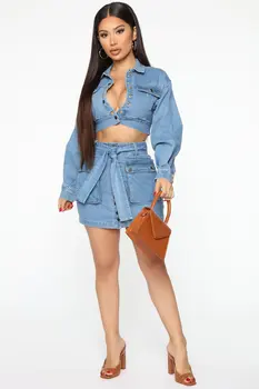 Shop Our Blue Balloon Sleeve Cropped Jacket & Mini Skirt Set