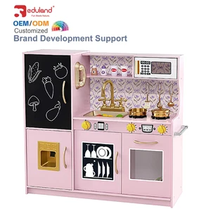 EDULAND Unisex Kids Educational Toy Wooden Cooking Play Set Pretend Role Play Kitchen Sets in Pink for Girls for Children