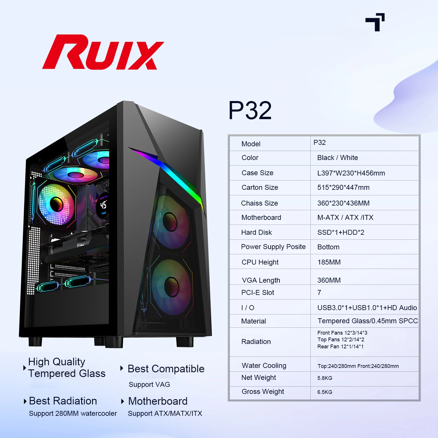 Ruix P32 White Color 2024 New Design Oem Odm Mid Tower Pc Case Air Cool ...