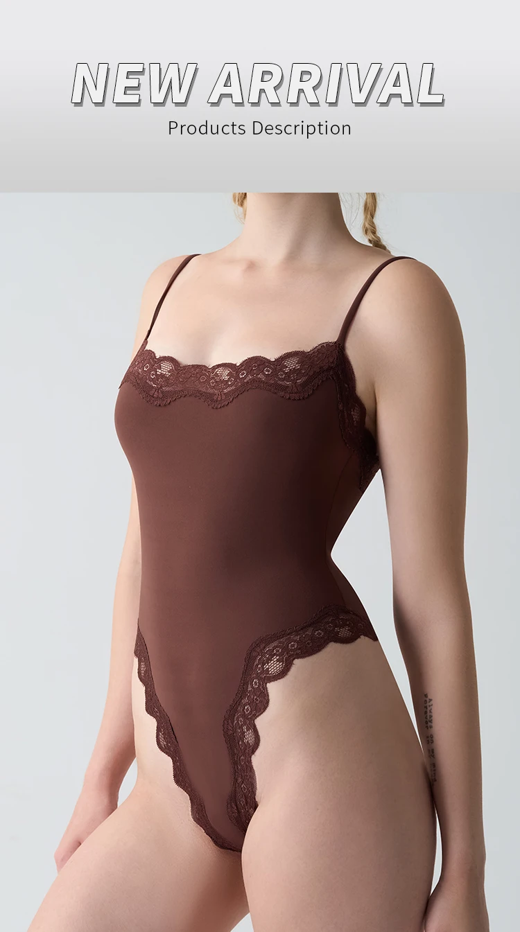 HKRXEC Lace-Trim V-Neck Shaping Bodysuit Brief in Nude