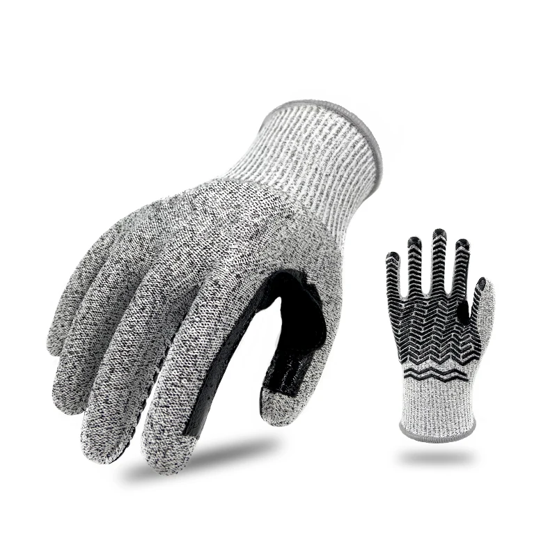 Factory Custom anti cut safety work 13G HPPE Knit Silicone Palm Dotted Anti Slip Level 5 Cut Resistant Gloves