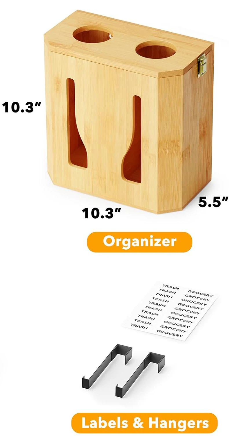 product 2 in 1 bamboo trash bag dispenser grocery bag holder cabinet wall mount plastic bag organizer large capacity under sink storage-5