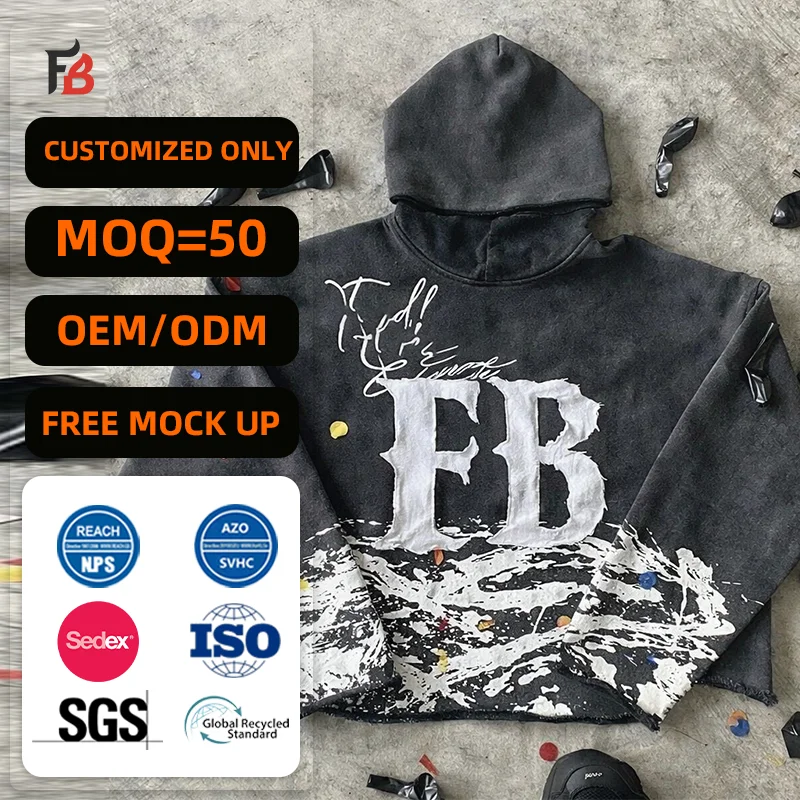 Manufacturer Custom Boxy Wash French Terry Graphic Embroidery Embroidered Patch Cropped Pullover Hoodie for Men