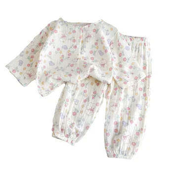 New design girls 100% pure cotton floral long pants pajamas summer breathable sleepwear air-conditioned clothing for girls