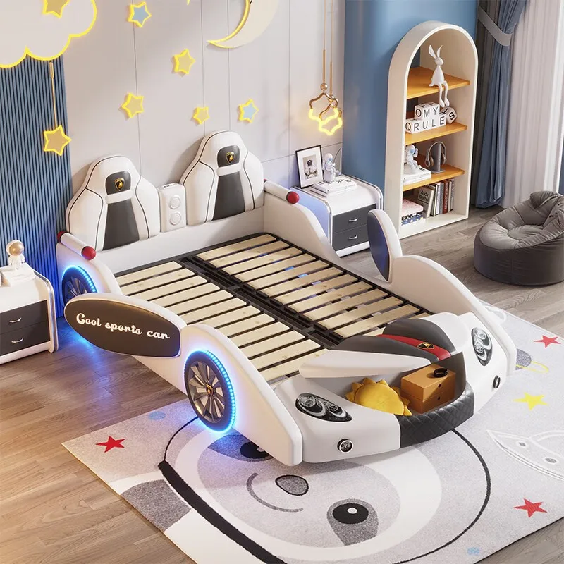 Cartoon Sports Car Design Racing Guardrail Single Bed for Boys