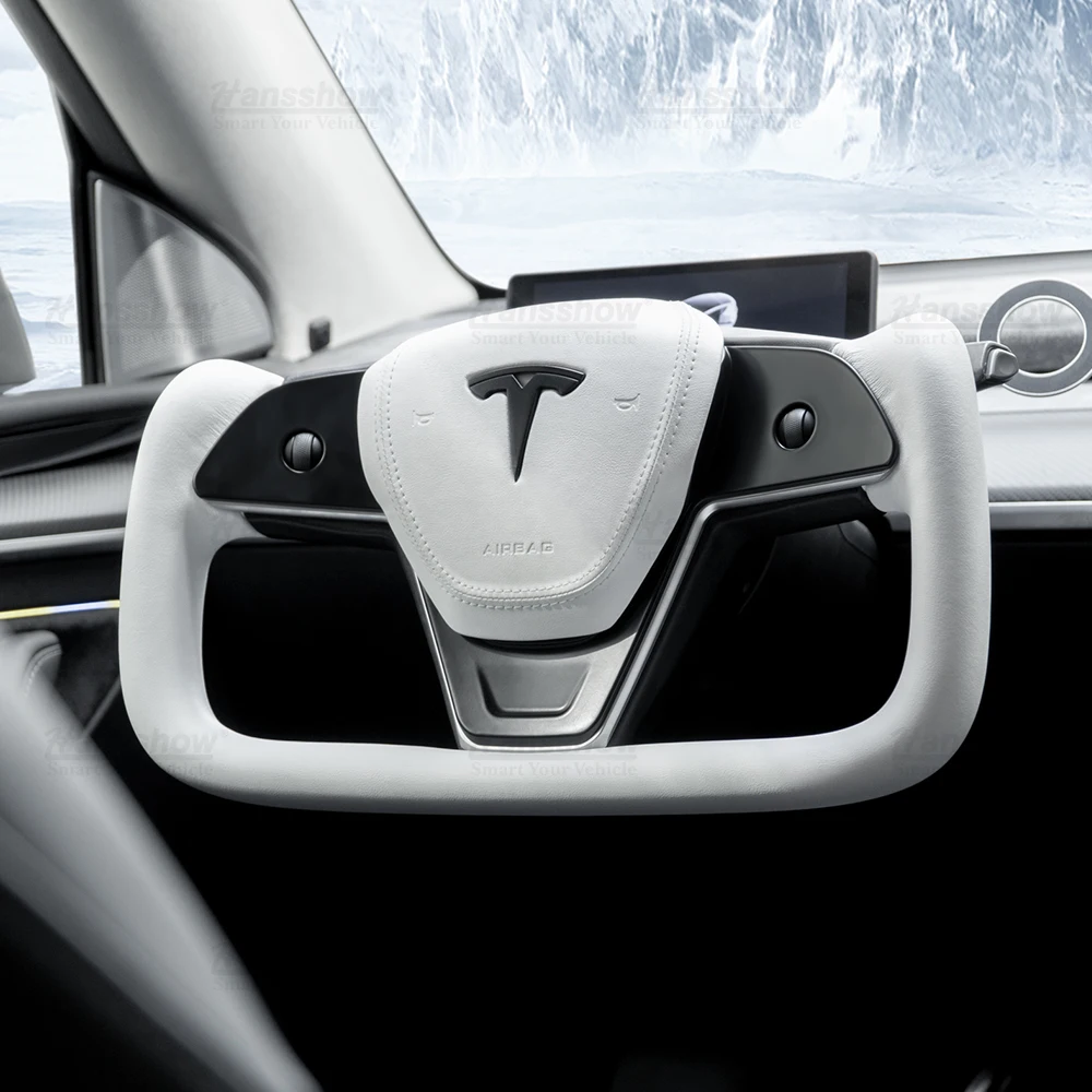 Hansshow Model 3 & Y Nappa White Leather Heated Yoke Steering Wheel For