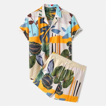 2023 Men's Beach Shorts Casual Two-Piece Cardigan Hawaiian Shirt Set