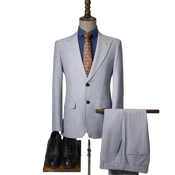 OEM Customized luxury high quality satin gray striped single breasted suit for men