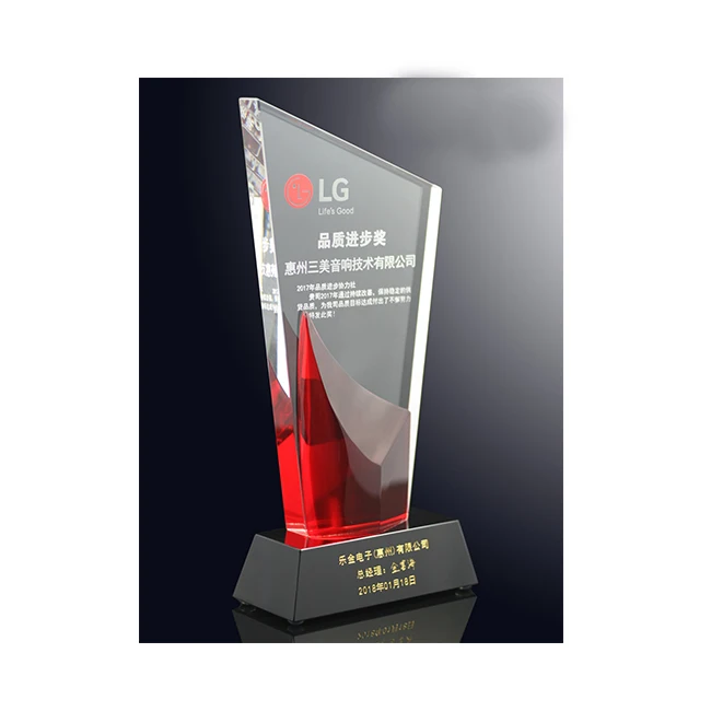 Customized Engraving Glass Souvenir Shape With Red Clear Base Crystal Trophy Award and Plaque