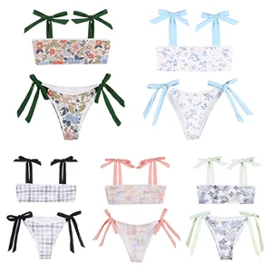 Hot Spring Beachwear Lace Side Bandeau Style Lace up Bikini Set Bathing Suit Print Swimsuits Custom Logo Swimwear XXL