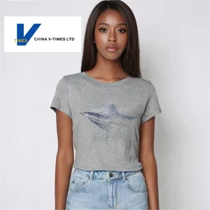 China V-Times Women's Summer T-Shirt Knotted Solid Pattern Top Star Patch Embroidery Casual Slim-Fit Pleated Short-Sleeve Design