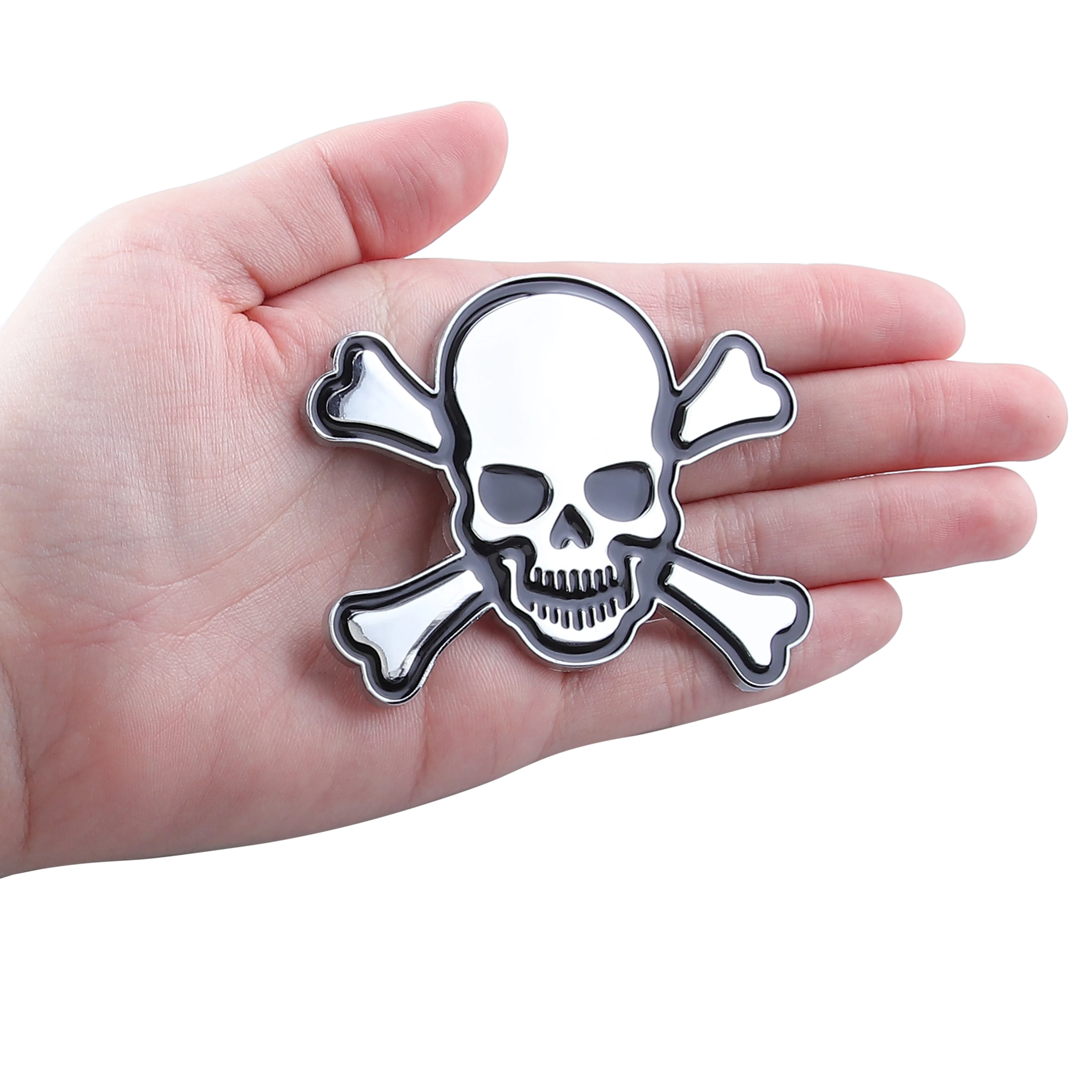 thumbnail image 2 of Metal Skull And Crossbones Car Emblem – 3D Dome Badge Decal Sticker (Black/Silver, 56mm) For Truck, SUV, Motorcycle Window Or Bumper 2 of 5