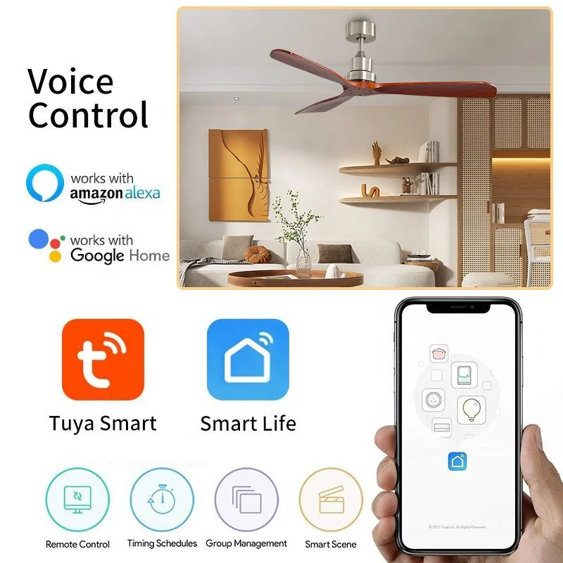 ESC Smart Ceiling Fan Modern 3 Fan Speed 52 Inch Solid Wood Decorative Ceiling Fan With Remote Control