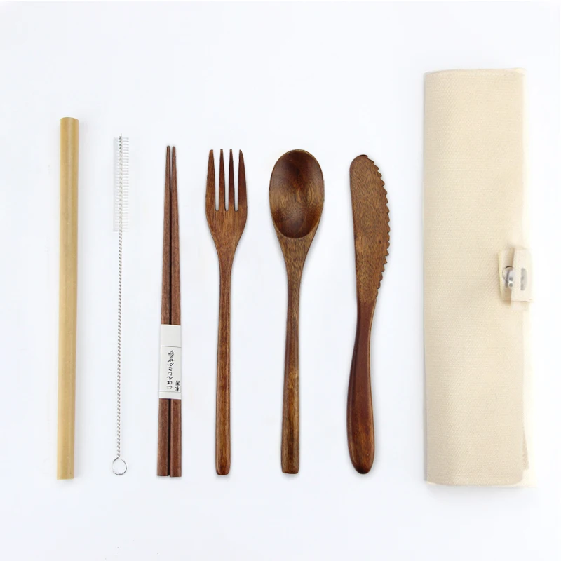 
Оптовая продажа, дорожные портативные многоразовые черные органические бамбуковые столовые приборы, набор столовых приборов в сумке 