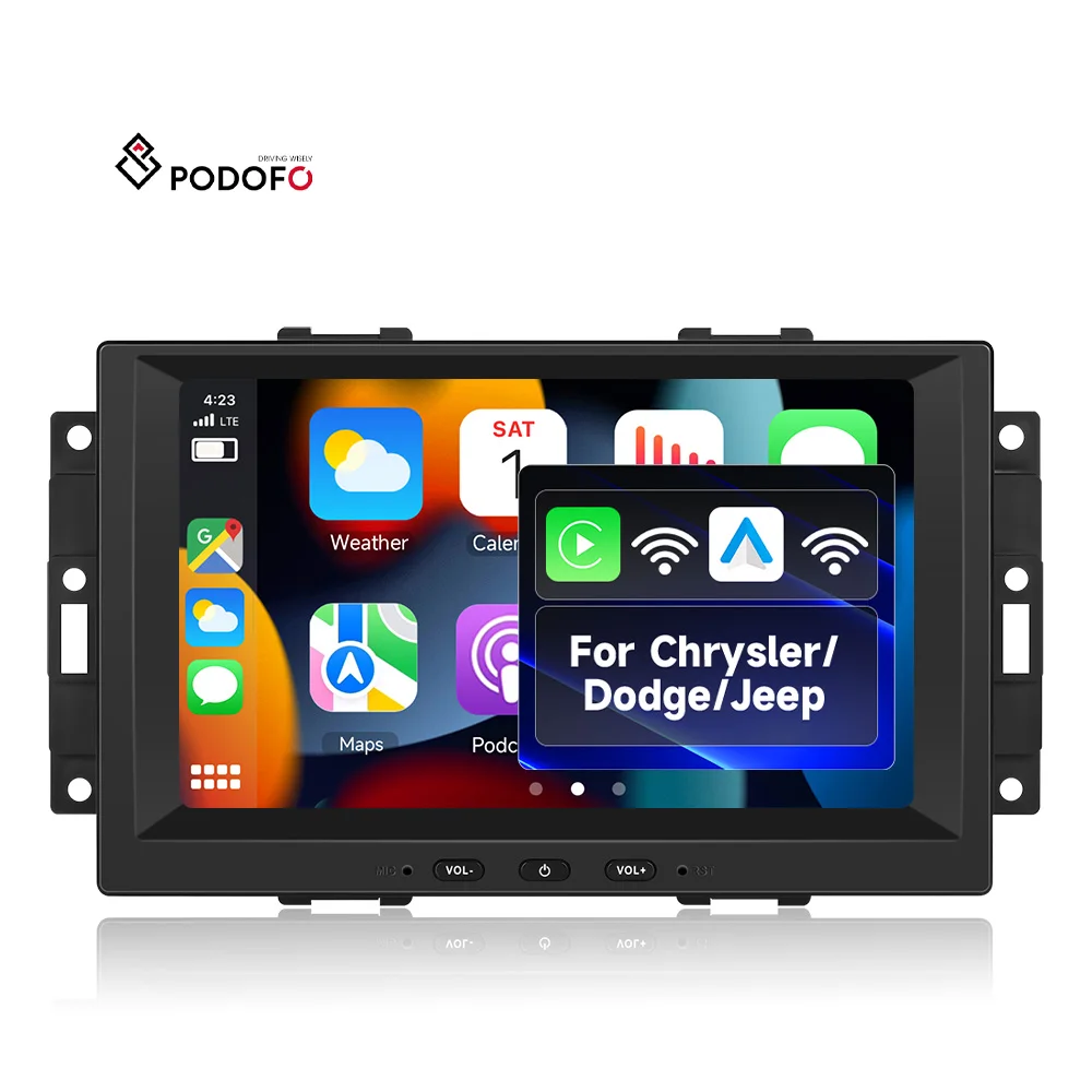 Podofo 8'' 4+64G for Chrysler Jeep Dodge 2 Din Android Car Audio Car Stereo Wireless CarPlay/Android Auto GPS WiFi RDS EQ ODM A4571