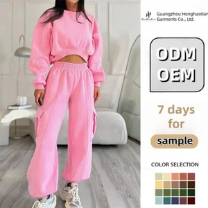 ODM OEM Custom Embroidered Crewneck Sweatshirt Cargo Wide Leg Pants Set Women High Quality 2-Piece Eco-Friendly Polyester/Cotton