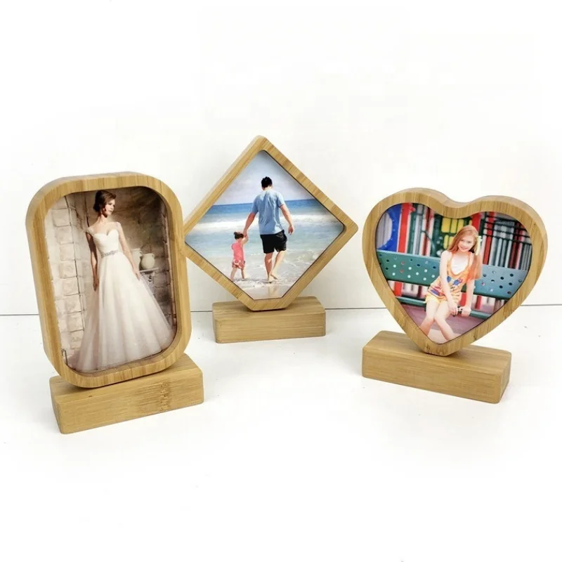 Creative Wood Blank Picture Frame DIY Thermal Transfer Heart/Round Photo Frame with Magnetic Base For Tabletop Decoration