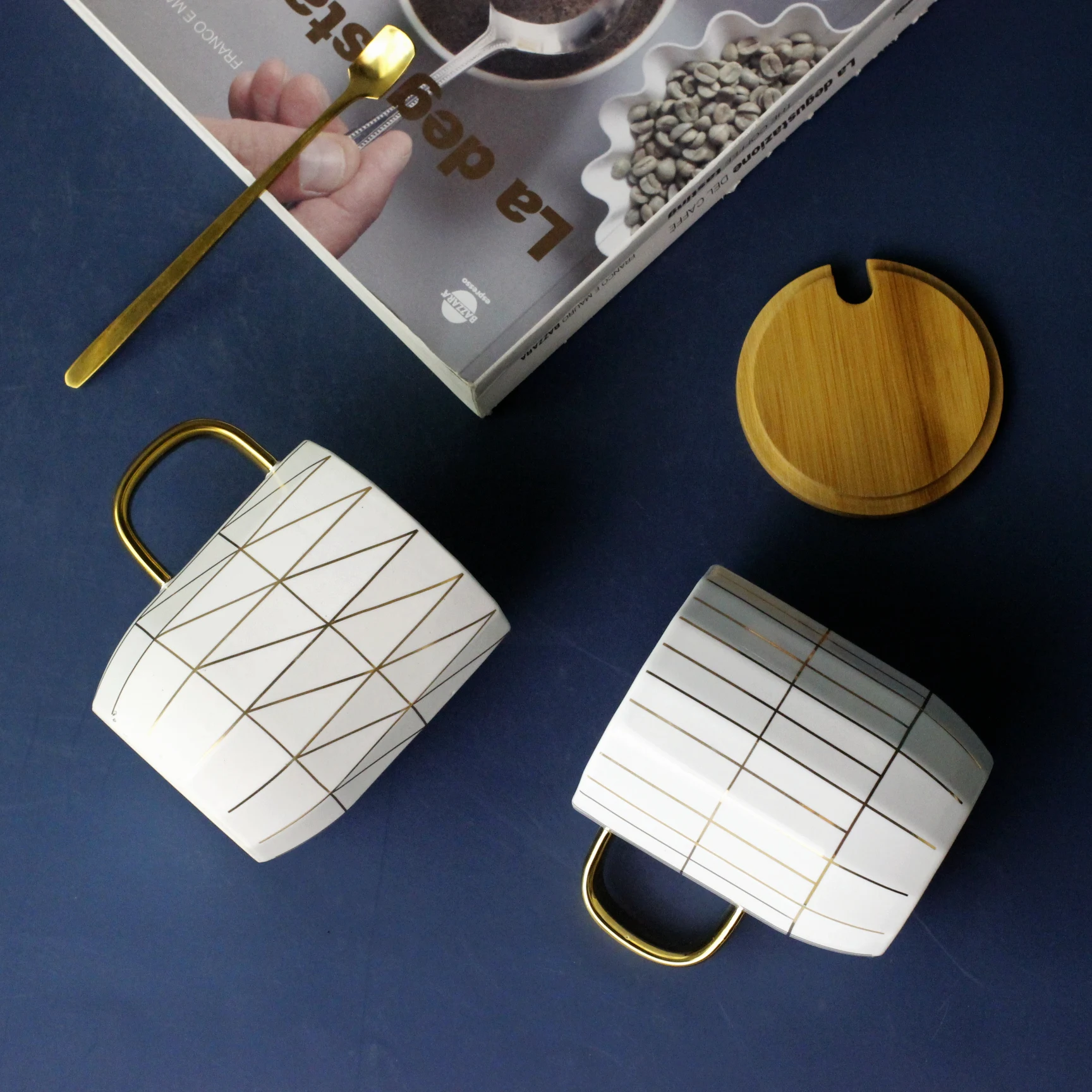 Nordic Luxury Gold Line Polygon Custom Ceramic Coffee Mug WIth Gold Handle Porcelain Cup With Spoon