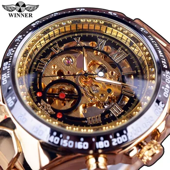WINNER Watch Men Gold Clock Skeleton Design Mechanical Automatic Wristwatches Mens Stainless Steel Retro Fashion Male Watches