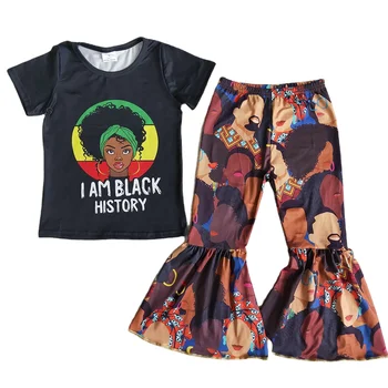 RTS Fashion Girl BLACK HISTORY Round Neck Short Sleeve Top African Print Bell Pants Boutique Sets Kids Clothes
