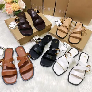 European and American Style Fashion Trends Wear Women Sandals Hardware Ring Buckle square - Toed slippers