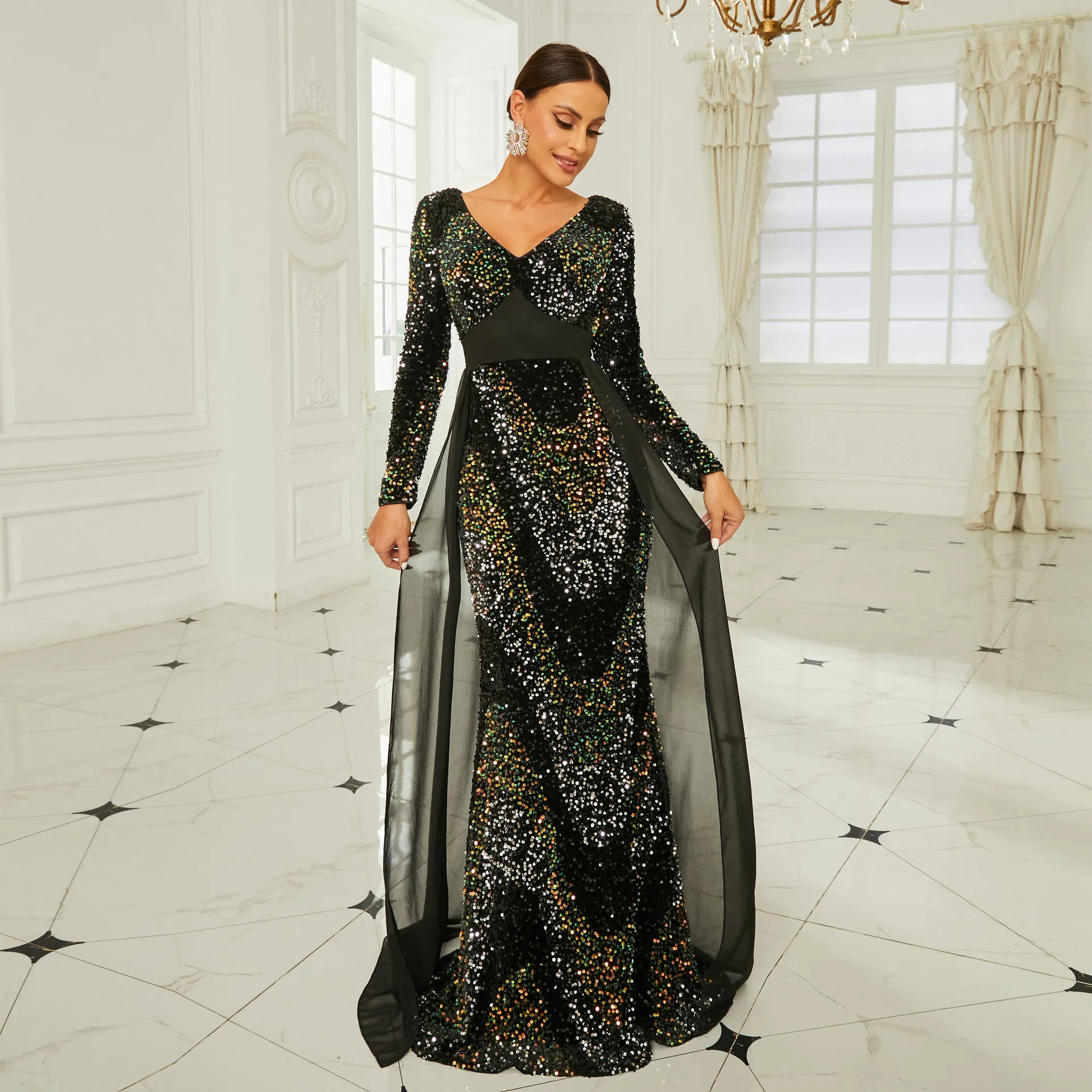 Luxury Rhinestones Long Sleeve Mesh Maxi Long Dress Women Sexy Shiny  Diamond High Split Crystal Night Party Dress