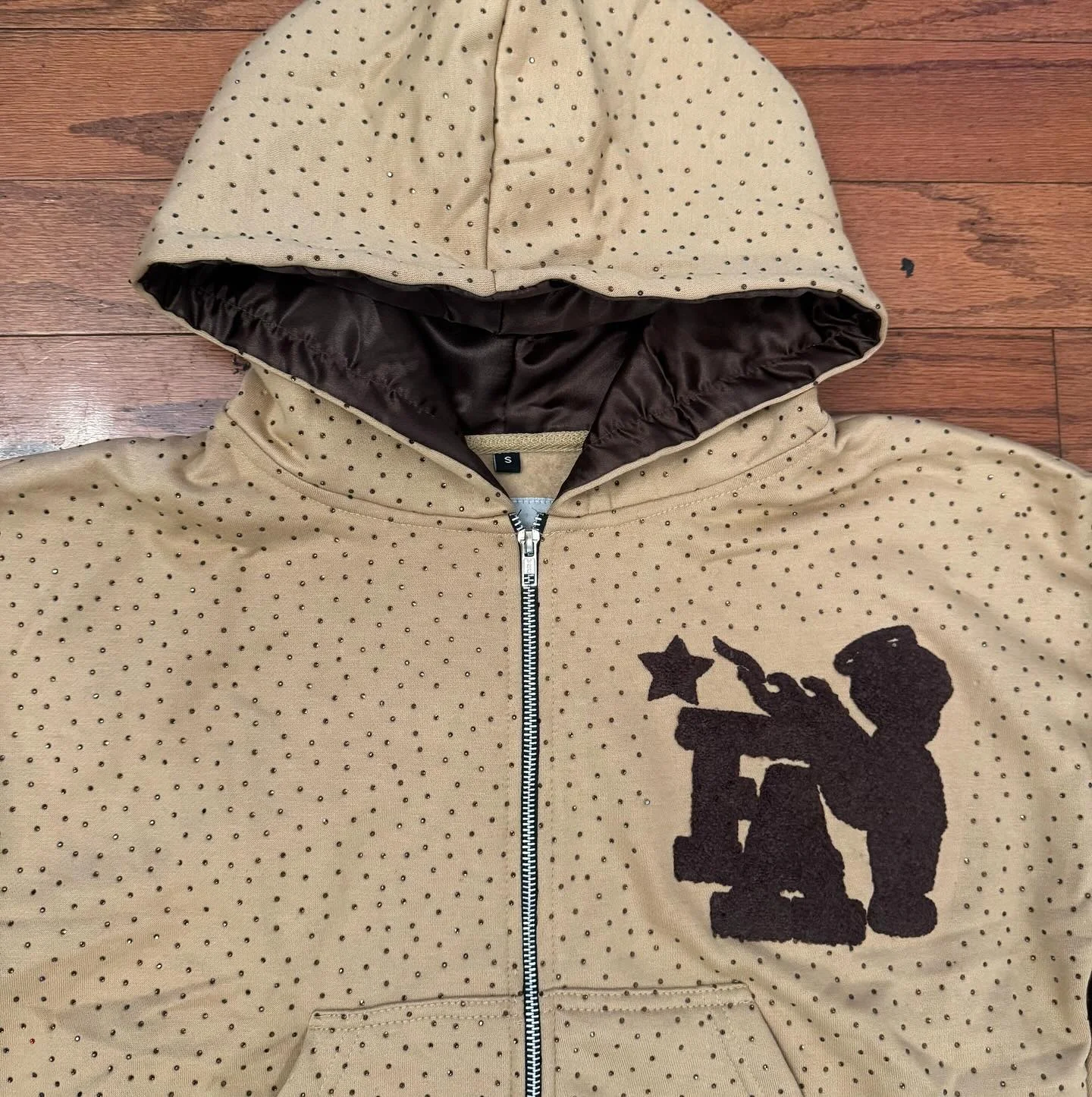 Custom Hoddie Manufacturer Men Oversized Zip up Heavy Crystal Silk Hood Chenille Embroidery Satin Lined Rhinestone Hoodie Unisex gallery 4