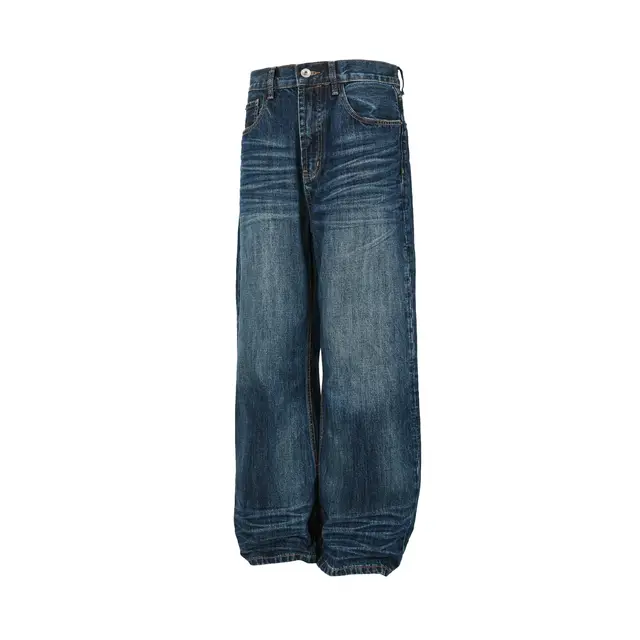 Retro Blue Cat Whiskers Straight Loose Casual Jeans Trousers 100% Cotton Mid Waist Solid Pattern Denim