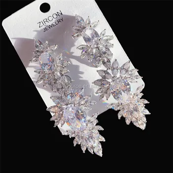 RE4053 Luxuries Long Chandelier CZ Earrings for Women Silver Color Zirconia Dangle Earrings Brides Bridesmaid Wedding Jewelry