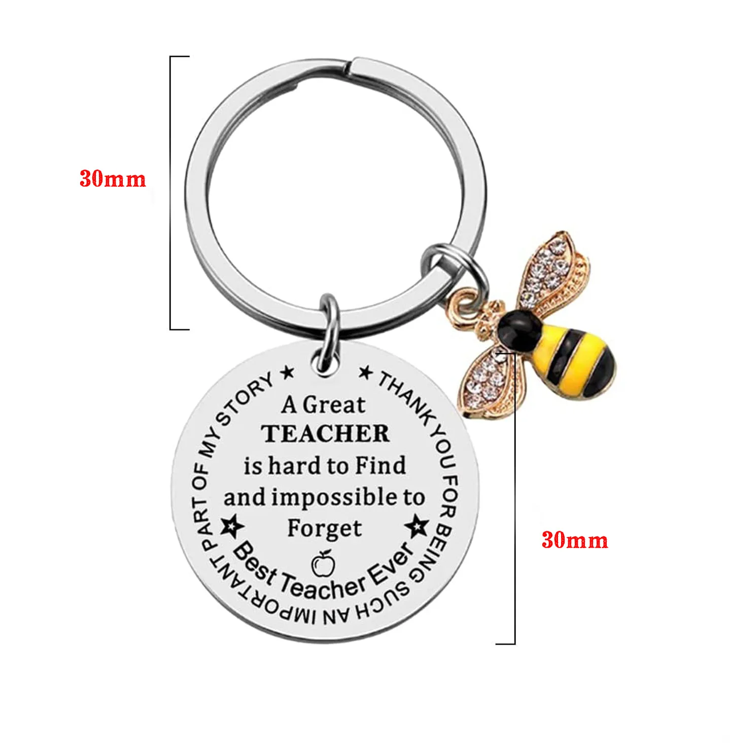 Custom Logo Bee Happy Keychain Teacher's Day Teacher Appreciation Christmas Gifts Stainless Steel Alloy Heart Shape Key Rings