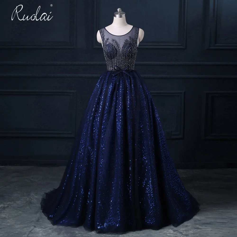 Ruolai PEV-L3078 Vintage Luxury Navy Blue Special Occasion Ball Gown Tulle  Heavy Beaded Long Evening Dress