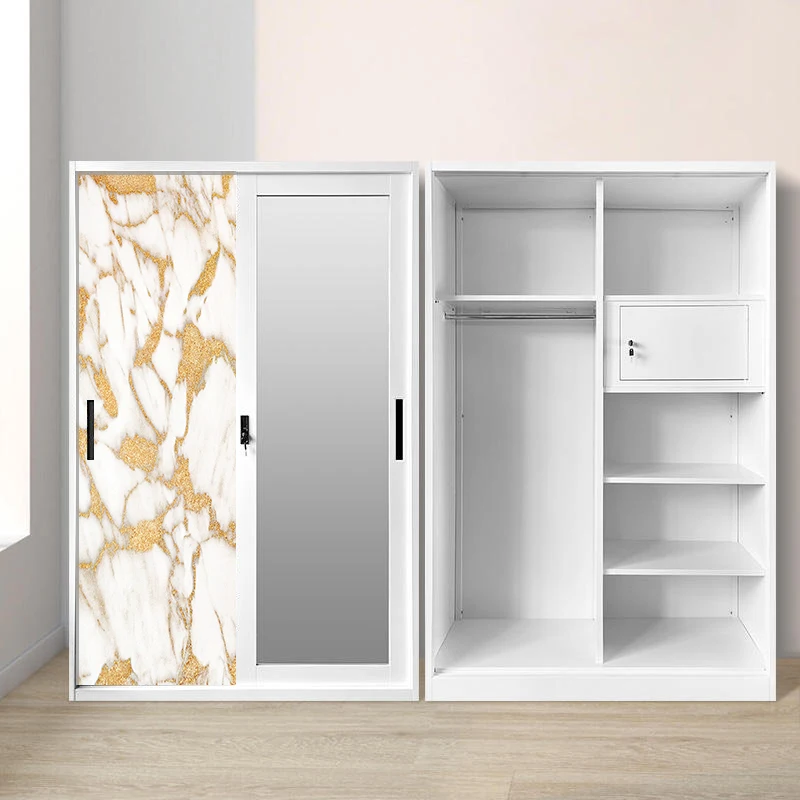 Metal Wardrobe with 2 Sliding Doors and Mirror for Bedroom Storage and Organization