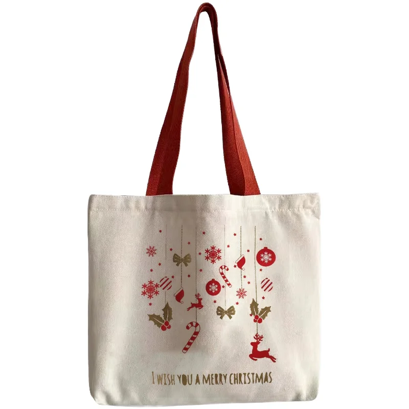 Christmas Canvas Tote Large Capacity Handbag Ribbon Rope Shoulder Strap Letter Print for Outdoor Picnic Party Travel Shopping