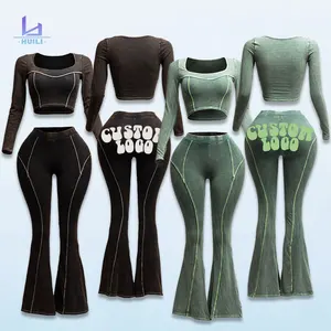 Huili Manufacturer Oem square Collar Acid Wash Crop Top & Flare Pants Gym Two Piece Loungewear Gym Women's Sets Custom logo