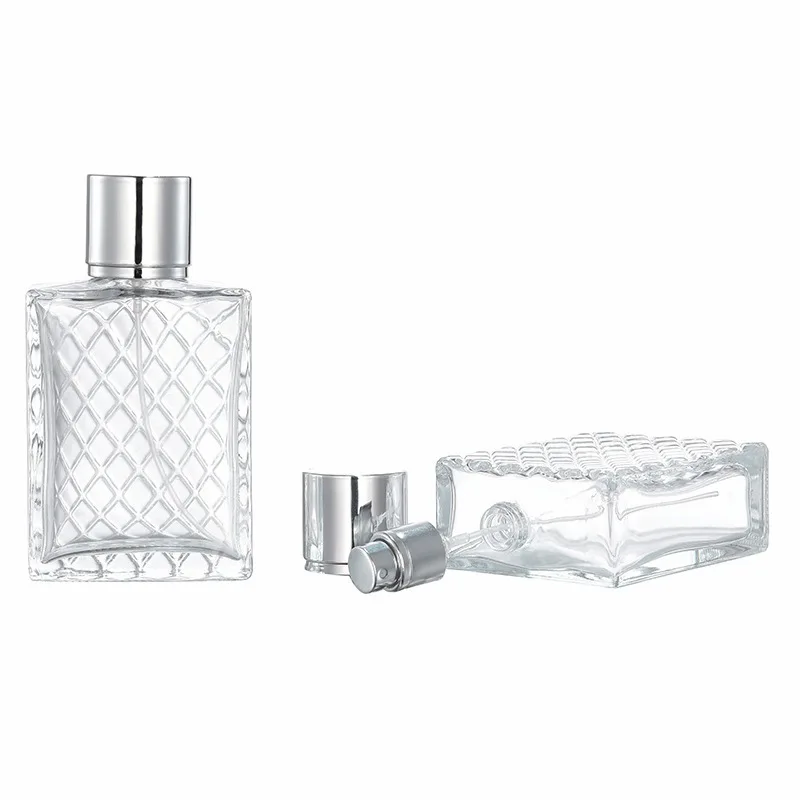 Wholesale Square Cosmetic Fragrance Spray Pump Glass Bottles 50ml