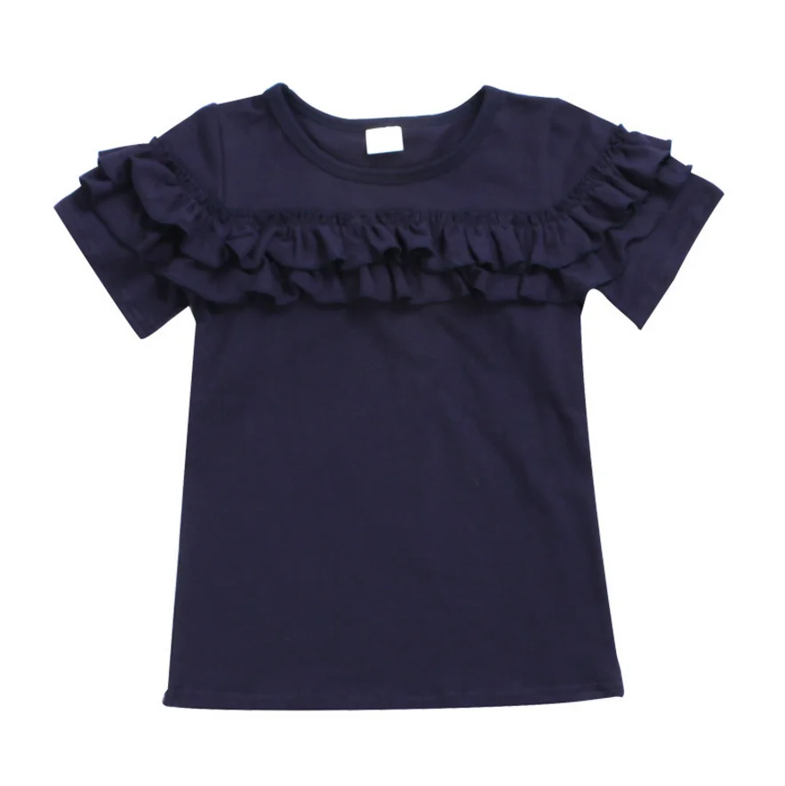 Оптовая продажа, футболки для девочек, простые классические рубашки с оборками, детская одежда, футболка с коротким рукавом, топы из 100% хлопка