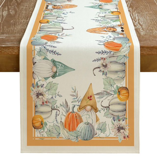 Fall Table Runner Pumpkins Leaves Gnomes Farmhouse Table Decoration for Kitchen Dinning Indoor Outdoor Dinner Party (Orange)