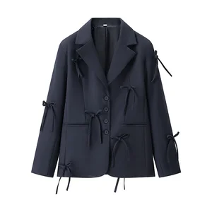 Front Bow Tie Solid Woven Long Sleeve Single Breasted Casual Fashion Blazer Jacket for Women