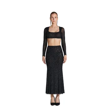 Hot selling sexy knitted long skirt set with rhinestone design square neck backless top and knitted maxi women's long skirt