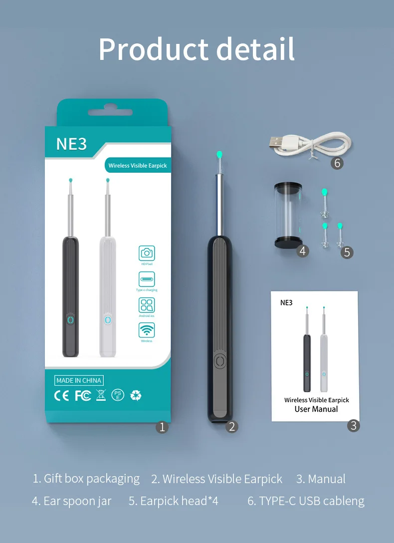 NE3无线可视耳垢去除工具，带1080P的耳垢清洁相机
