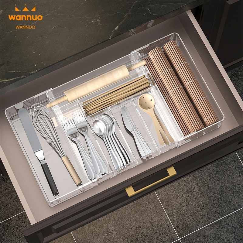 Wannuo Stretchable Kitchen Storage Sorting Tray Plastic PET Desktop & Drawer Organizers Kitchen Tableware Storage Trays