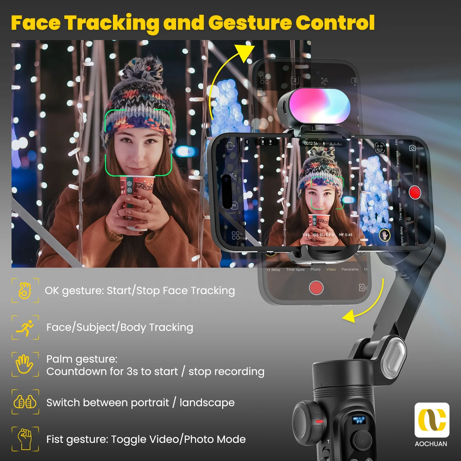 Gimbal Stabilizer Phone Handheld AI Gimble Smartphone Video Vlogging Inception Mode LED Light Focus Zoom Wheel Movie