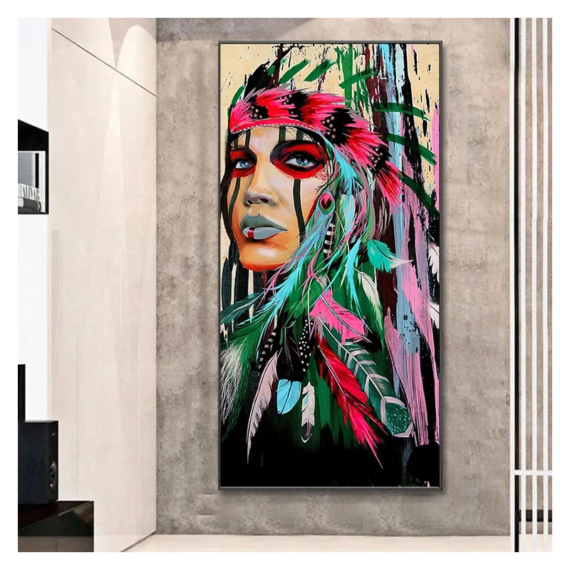 Colorful Tribal Canvas Print Modern Beautiful Woman Figure With Feather Indian Paintings and Wall Arts