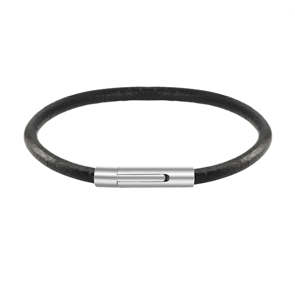 Simple Bracelet Black Braided Leather Rope Stainless Steel Double