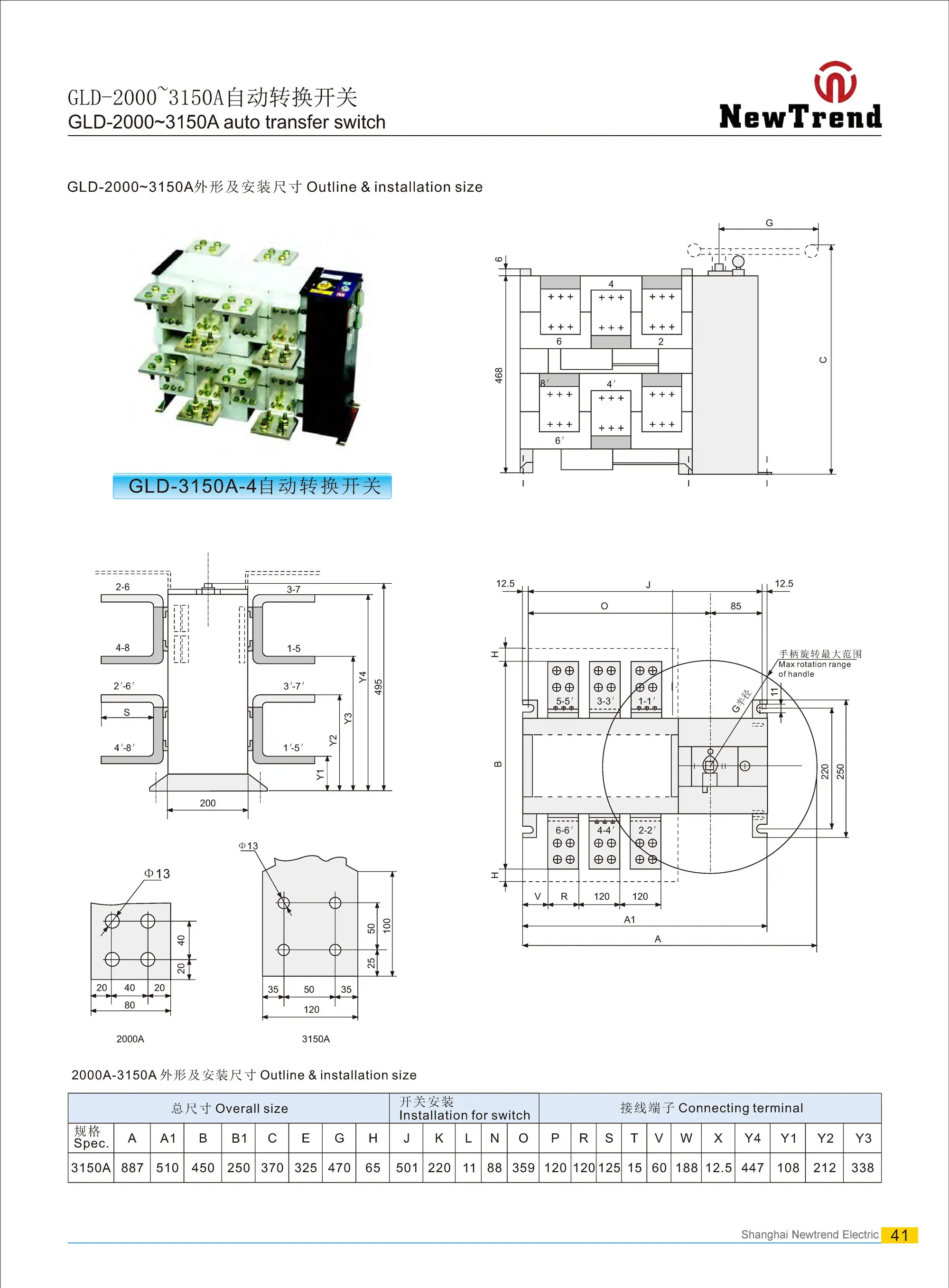 GLD ATS 3 Pole 4 Pole 160A 250A 400A 630A 800A 1000A 1200A 3P 4P Dual Power Automatic Transfer Switch